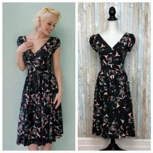 Trashy Diva Love Birds Pinup Rockabilly Black Dress Sz16 Lindy Swing 50s 60s vtg